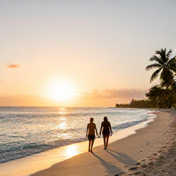 Caribbean Holidays, January Honeymoons, Golden sunset over a quiet sandy beach in Tobago, with a couple walking beside calm turquoise water