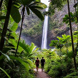 Caribbean Holidays, January Honeymoons, Green tropical rainforest trail on Saint Vincent with a couple walking towards a waterfall
