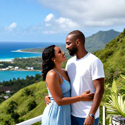 Caribbean Holidays, January Honeymoons, Happy honeymoon couple on a scenic Montserrat viewpoint overlooking lush hills, coastline and the Caribbean Sea