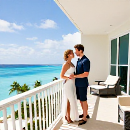Caribbean Holidays, January Honeymoons, Happy newlywed couple in a stylish Cayman Islands resort, balcony overlooking turquoise sea, bright January sunshine