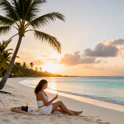 Caribbean Holidays, January Honeymoons, Happy newlywed couple relaxing on a Cayman Islands beach at sunset, champagne, palm trees and peaceful turquoise water