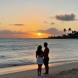Caribbean Holidays, January Honeymoons, Happy newlywed couple watching the sunset from a quiet Dominican Republic beach, gentle waves and palm silhouettes