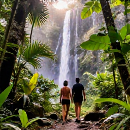 Caribbean Holidays, January Honeymoons, Honeymoon couple hiking through lush El Yunque rainforest in Puerto Rico, tropical plants, waterfall and sunlight through trees