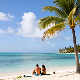 Caribbean Holidays, January Honeymoons, Honeymoon couple relaxing beside a calm turquoise lagoon at Varadero, palm trees and a peaceful Caribbean resort