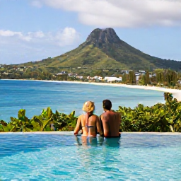 Caribbean Holidays, January Honeymoons, Honeymoon couple relaxing in a stylish Martinique hotel pool overlooking lush hills and the Caribbean Sea
