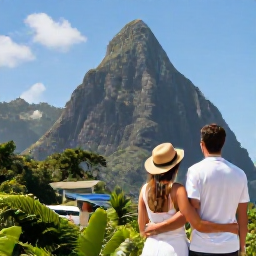 Caribbean Holidays, January Honeymoons, Honeymoon couple visiting the Pitons in Saint Lucia, tropical rainforest, scenic viewpoint and dramatic volcanic mountains under clear blue skies