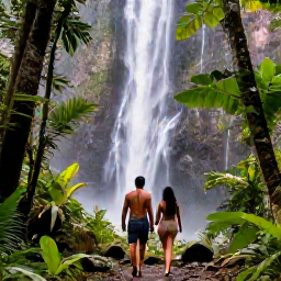 Caribbean Holidays, January Honeymoons, Honeymoon couple walking through tropical rainforest towards a waterfall in Saint Lucia