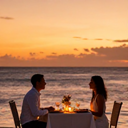 Caribbean Holidays, January Honeymoons, Newlywed couple enjoying a private sunset dinner beside the sea on Sint Maarten, candles, elegant table and orange sky