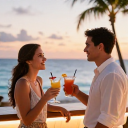 Caribbean Holidays, January Honeymoons, Newlywed couple enjoying cocktails at an outdoor beach bar in The Bahamas during a warm January evening