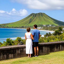 Caribbean Holidays, January Honeymoons, Newlywed couple exploring Brimstone Hill Fortress in Saint Kitts with green volcanic hills and ocean views