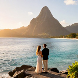 Caribbean Holidays, January Honeymoons, Newlywed couple overlooking the Pitons and turquoise Caribbean Sea at sunrise in Saint Lucia
