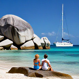 Caribbean Holidays, January Honeymoons, Newlywed couple relaxing on a sailing yacht near The Baths on Virgin Gorda, dramatic granite boulders and clear turquoise water