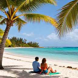 Caribbean Holidays, January Honeymoons, Newlywed couple relaxing on a secluded Caribbean beach, turquoise water, white sand, lush palms and warm January sunshine