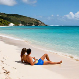 Caribbean Holidays, January Honeymoons, Newlywed couple relaxing on a white-sand beach beside clear turquoise water on St John, US Virgin Islands
