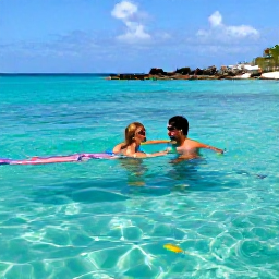 Caribbean Holidays, January Honeymoons, Newlywed couple snorkelling in clear turquoise water near Aruba, colourful fish and a small rocky coastline