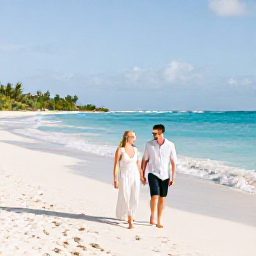 Caribbean Holidays, January Honeymoons, Newlywed couple walking along a bright white Caribbean beach in St Thomas, warm January sunshine, turquoise sea and gentle waves