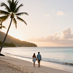 Caribbean Holidays, January Honeymoons, Newlywed couple walking along a quiet Caribbean beach in Saint Lucia at sunrise, soft golden light, palm trees and calm turquoise sea