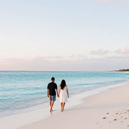 Caribbean Holidays, January Honeymoons, Newlywed couple walking along a quiet white-sand beach in The Bahamas at sunrise, clear turquoise water and soft morning light