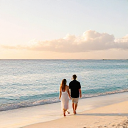 Caribbean Holidays, January Honeymoons, Newlywed couple walking barefoot along Seven Mile Beach in the Cayman Islands at sunrise, calm turquoise sea and soft golden light