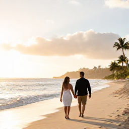Caribbean Holidays, January Honeymoons, Newlywed couple walking hand in hand along a quiet Caribbean beach at sunrise on Saint Martin