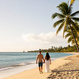 Caribbean Holidays, January Honeymoons, Newlywed couple walking hand in hand along a quiet Martinique beach in warm January sunshine, turquoise sea and palm trees