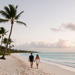 Caribbean Holidays, January Honeymoons, Newlywed couple walking hand in hand along a quiet white-sand beach in Punta Cana at sunrise, palm trees and calm turquoise sea