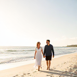 Caribbean Holidays, January Honeymoons, Newlywed couple walking hand in hand along a quiet white-sand beach in The Bahamas in warm January sunshine