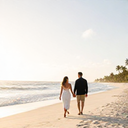 Caribbean Holidays, January Honeymoons, Newlywed couple walking hand in hand along a quiet white-sand beach in the Dominican Republic at sunrise