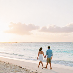 Caribbean Holidays, January Honeymoons, Newlywed couple walking hand in hand along Seven Mile Beach in Grand Cayman at sunrise, soft golden light, calm turquoise sea