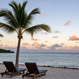 Caribbean Holidays, January Honeymoons, Romantic beach setting on Nevis with two lounge chairs, palm trees, calm blue water and a sunset sky