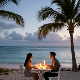Caribbean Holidays, January Honeymoons, Romantic beachfront dinner for two at a Bahamian resort, candlelit table, palm trees and calm evening sea