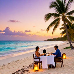 Caribbean Holidays, January Honeymoons, Romantic beachfront dinner for two at sunset on a Bahamian island, with lanterns, turquoise sea and palm trees