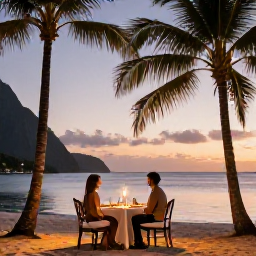 Caribbean Holidays, January Honeymoons, Romantic beachfront dinner for two beneath palm trees in Saint Lucia during a warm January evening