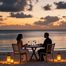 Caribbean Holidays, January Honeymoons, Romantic beachfront dinner for two in Aruba at sunset, lanterns, elegant table and calm ocean