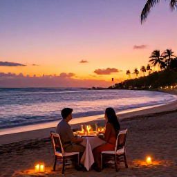 Caribbean Holidays, January Honeymoons, Romantic beachfront dinner for two in Puerto Rico at sunset, candles, tropical sea and colourful evening sky