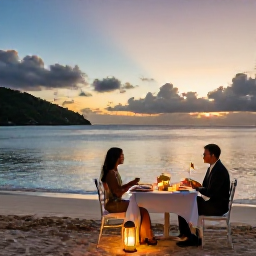 Caribbean Holidays, January Honeymoons, Romantic beachfront dinner for two in the British Virgin Islands at sunset, lanterns, fresh seafood and calm sea