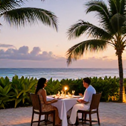 Caribbean Holidays, January Honeymoons, Romantic beachfront dinner for two in Tobago at dusk, softly lit table, tropical greenery and ocean beyond