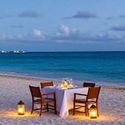 Caribbean Holidays, January Honeymoons, Romantic beachfront dinner for two on Grand Cayman, elegant table, lanterns, white sand and gentle evening sea