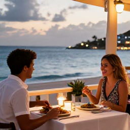 Caribbean Holidays, January Honeymoons, Romantic beachfront restaurant in Saint Martin at dusk, couple dining with local Caribbean and French-inspired dishes