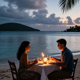 Caribbean Holidays, January Honeymoons, Romantic candlelit dinner for two at a beachfront restaurant in the United States Virgin Islands