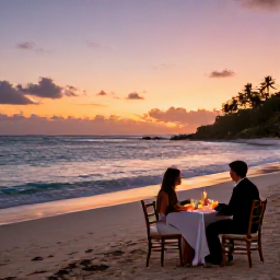 Caribbean Holidays, January Honeymoons, Romantic candlelit dinner for two on a Saint Kitts beach at sunset, gentle waves and tropical evening sky