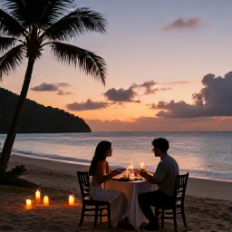 Caribbean Holidays, January Honeymoons, Romantic Caribbean dinner for two on a Montserrat beach at sunset, with candles, tropical surroundings and calm sea