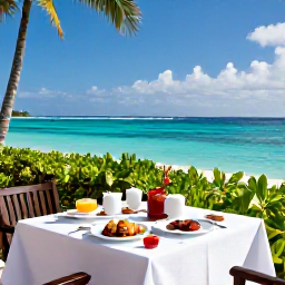 Caribbean Holidays, January Honeymoons, Romantic Caribbean resort terrace overlooking turquoise sea, elegant breakfast for two, tropical greenery and clear January sunshine