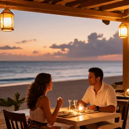 Caribbean Holidays, January Honeymoons, Romantic couple dining at an outdoor beachfront restaurant at sunset in the Dominican Republic, lanterns and ocean view