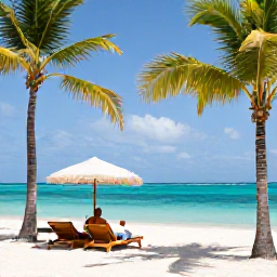Caribbean Holidays, January Honeymoons, Romantic couple relaxing on a quiet white-sand beach in Grand Cayman, palm trees, turquoise water and a shaded sun lounger