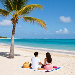Caribbean Holidays, January Honeymoons, Romantic couple relaxing on a secluded Bahamian beach with palm trees, turquoise sea and a stylish beach picnic