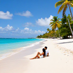 Caribbean Holidays, January Honeymoons, Romantic couple relaxing on a secluded white sand beach with turquoise water and palm trees in the Grenadines