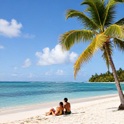 Caribbean Holidays, January Honeymoons, Romantic couple relaxing on Grand Anse Beach, Grenada, with palm trees, white sand and clear blue Caribbean water