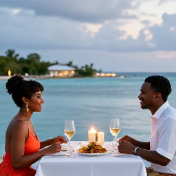 Caribbean Holidays, January Honeymoons, Romantic dinner for two at a Caribbean waterfront restaurant on Saint Kitts, candlelight, local food and ocean views
