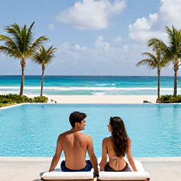 Caribbean Holidays, January Honeymoons, Romantic luxury resort in Punta Cana with couple relaxing beside an infinity pool overlooking a tropical beach